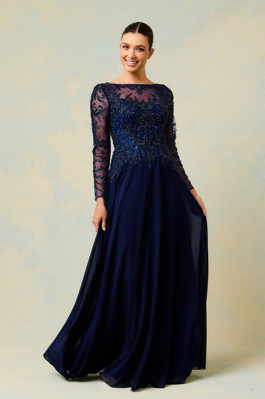 Vestido Línea A Con Manga Larga con Encaje Color Navy.