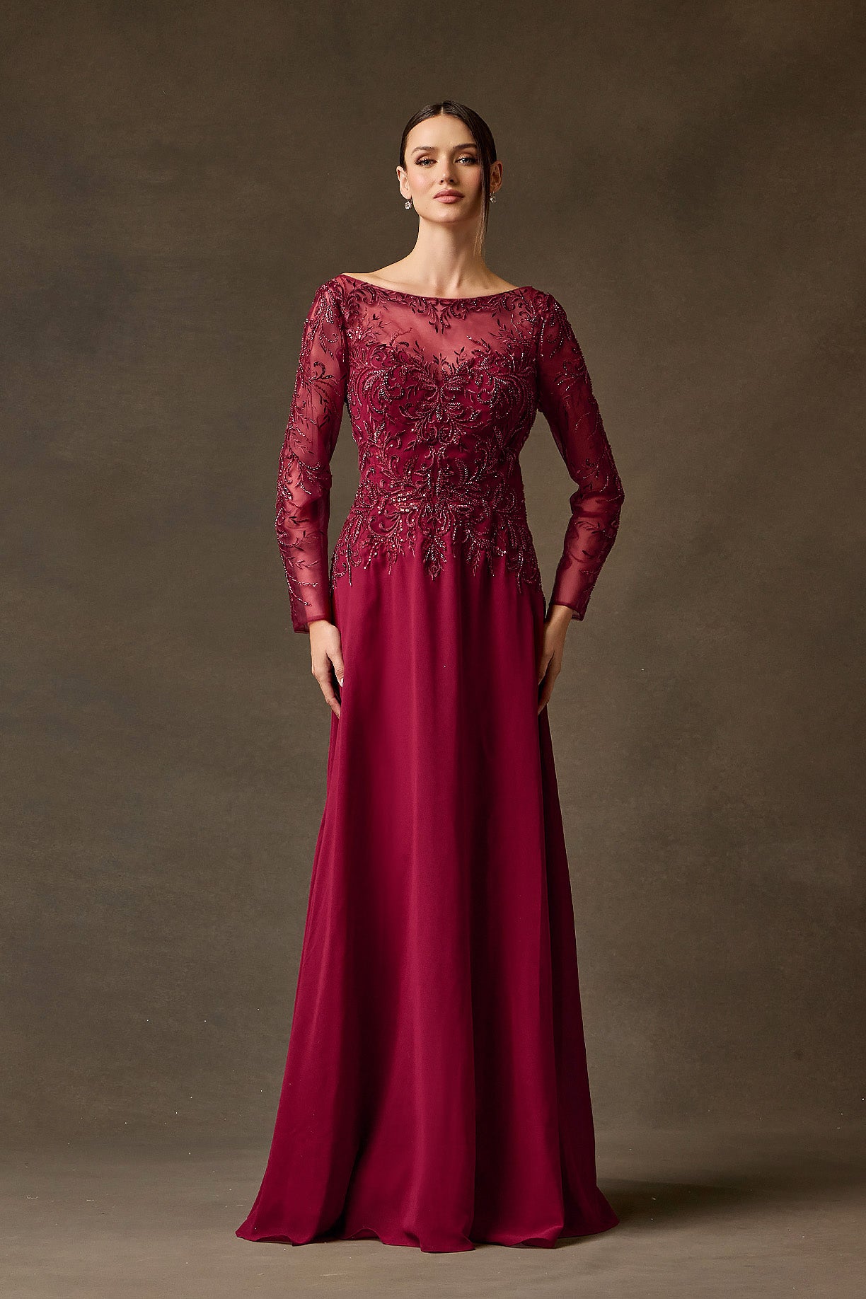 Vestido Línea A Con Manga Larga con Encaje Color Navy y Burgundy