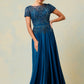 Vestido en Línea A Con Mangas Cortas Color Teal.