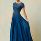 Vestido en Línea A Con Mangas Cortas Color Teal.