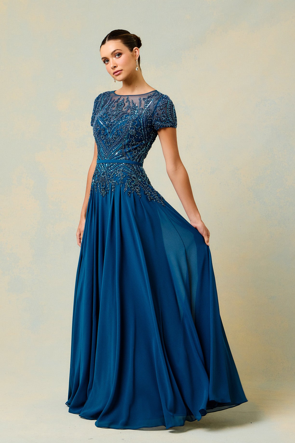 Vestido en Línea A Con Mangas Cortas Color Teal.