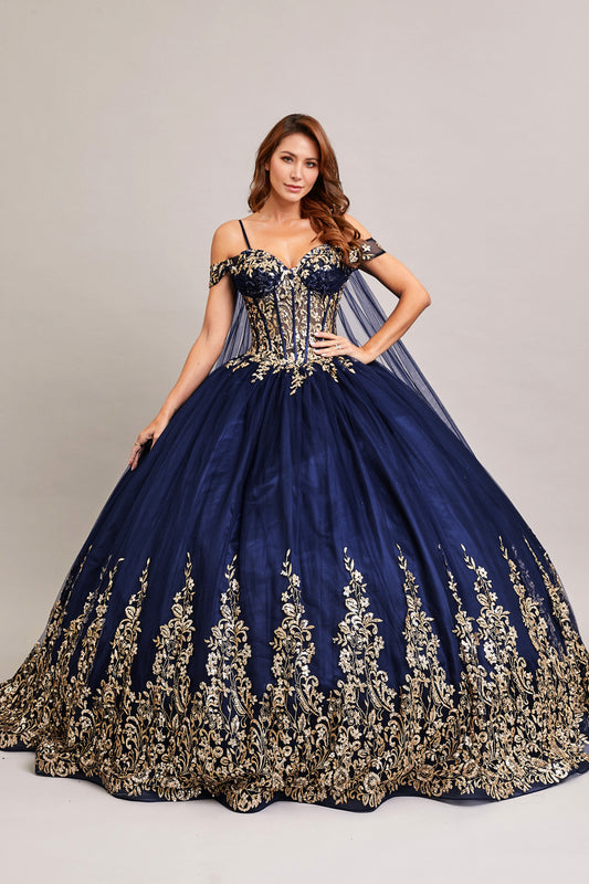 Vestido XV Años de tul con  Purpurina, Lentejuelas Con Capa (Varios Colores)