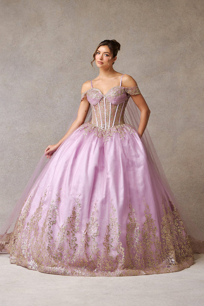 Vestido XV Años de tul con  Purpurina, Lentejuelas Con Capa (Varios Colores)