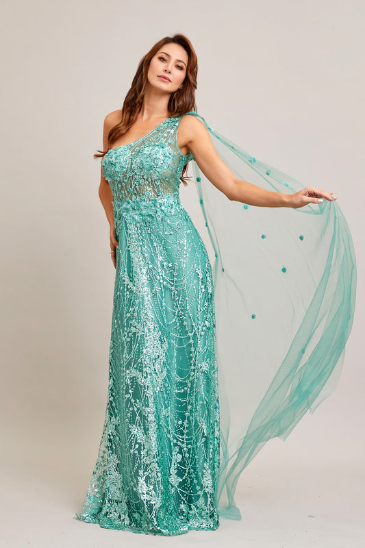 Vestido Recto con Tirante a Un Solo Hombro con Manga Larga Tipo Capa y Detalles Florales en 3D, Colore Black y Sage