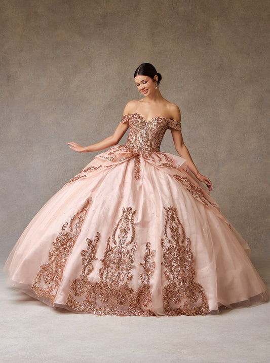 Vestido de Fiesta de Tul con Brillo, Bordado con Cuentas, Escote de Corazón y Hombros Descubiertos, Colores Rose  Gold y Royal