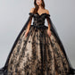 Vestido de Fiesta Con Manga Larga al Hombro de Tul Bordado con Brillos y Lentejuelas, Color Black Champagne