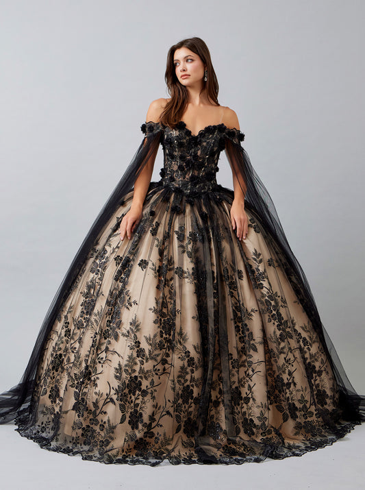 Vestido de Fiesta Con Manga Larga al Hombro de Tul Bordado con Brillos y Lentejuelas, Color Black Champagne
