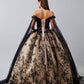 Vestido de Fiesta Con Manga Larga al Hombro de Tul Bordado con Brillos y Lentejuelas, Color Black Champagne