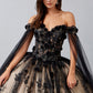 Vestido de Fiesta Con Manga Larga al Hombro de Tul Bordado con Brillos y Lentejuelas, Color Black Champagne