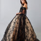Vestido de Fiesta Con Manga Larga al Hombro de Tul Bordado con Brillos y Lentejuelas, Color Black Champagne