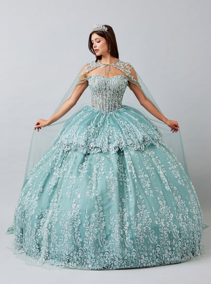 Vestido de Fiesta con Aplicaciones en Encaje con Capa de Velo y Falda Desmontable, Colores Sage y Lilac
