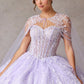 Vestido de Fiesta con Aplicaciones en Encaje con Capa de Velo y Falda Desmontable, Colores Sage y Lilac