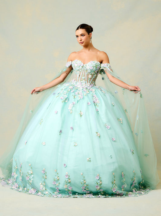 Vestido de Fiesta de Tul Bordado con Flores 3D y Perlas, Color Sage