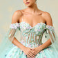 Vestido de Fiesta de Tul Bordado con Flores 3D y Perlas, Color Sage