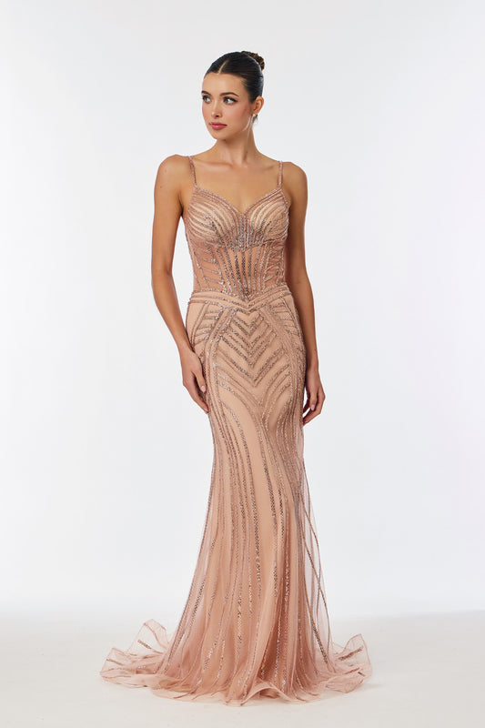 Vestido Corte Sirena Escote de Corazón de Tul con Cuentas y Lentejuela, Color Rose Gold