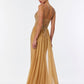Vestido Recto con Cauda de Tul, Bordado con Cristales, Cuentas y Lentejuelas, Color Gold