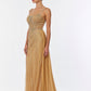 Vestido Recto con Cauda de Tul, Bordado con Cristales, Cuentas y Lentejuelas, Color Gold