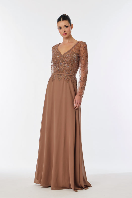 Vestido Corte en A Cuello en V de Tul Bordado con Cuentas y Lentejuelas, Color Mocha