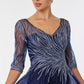 Vestido en Línea A Manga  3/4 y Cuello V Con decoraciones de Brillos. Color Navy.