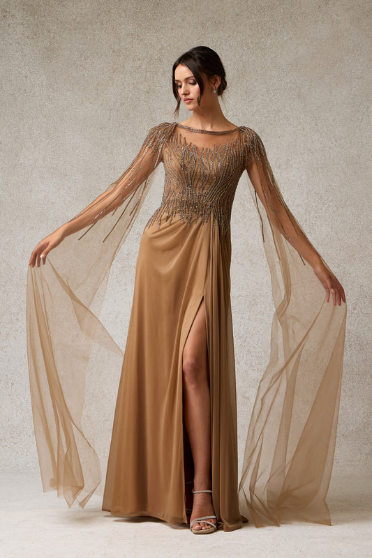 Vestido Recto con Escote Redondo Transparente con Aplicaciones en Lentejuelas y Mangas Largas Tipo Capa, Color Mocha