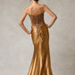 Vestido de Satén sin Tirantes con Escote en V y Detalle de Lentejuelas en el Corpiño, Color Bronze