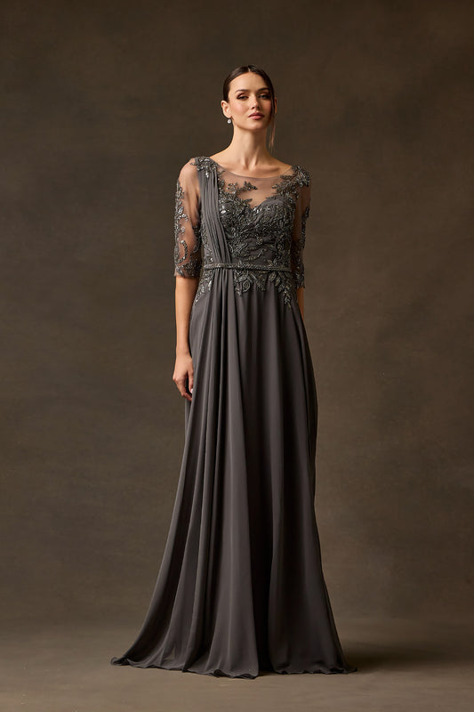 Vestido en Corte A de Chiffon, Con Corpiño de Tul Bordado con Cuentas y Lentejuelas, Mangas 3/4, Color Charcoal