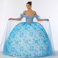Vestido de Fiesta con Hombros Descubiertos de Tul Bordado con Brillos y Lentejuelas, Color Ice Blue
