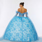 Vestido de Fiesta con Hombros Descubiertos de Tul Bordado con Brillos y Lentejuelas, Color Ice Blue
