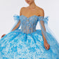 Vestido de Fiesta con Hombros Descubiertos de Tul Bordado con Brillos y Lentejuelas, Color Ice Blue