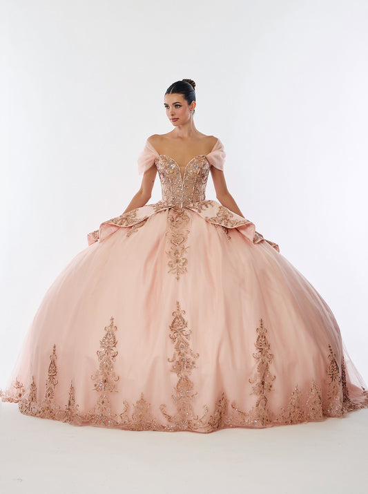 Vestido de Fiesta con Hombros Descubiertos y Escote de Corazón, de Tul Bordado con Brillos, Lentejuelas y Cuentas, Color Rose Gold.