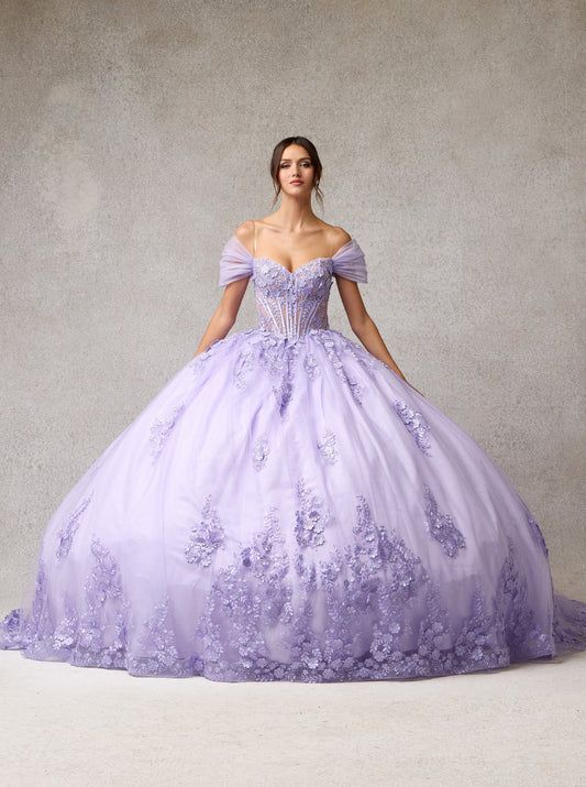 Vestido de Fiesta de Tul con Brillos y Lentejuelas, Escote Corazón, y Lazo Desmontable, Colore Lilac
