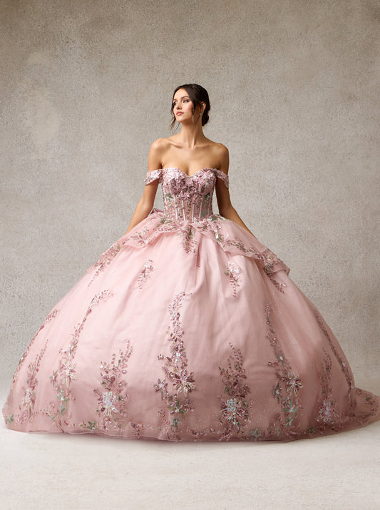 Vestido de Fiesta de Tul con Encaje Bordado, Hombros Descubiertos, Escote Corazón, Color Mauve