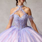 Vestido de Fiesta de Tul, Bordado, con Encaje Brillante, Cristales, Cuentas y Lentejuelas, Con Escote Halter y Capa Desmontable, Color Lilac