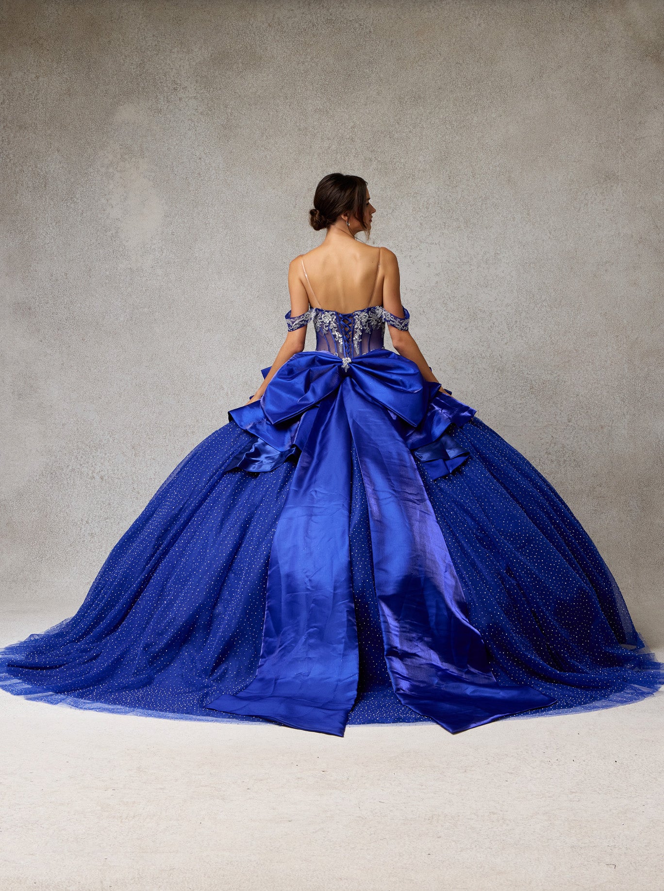 Vestido de Fiesta de Tul con Brillos, Aplicaciones en Corpiño de Lentejuelas y Cristales y Moño Desmontable, Color Royal