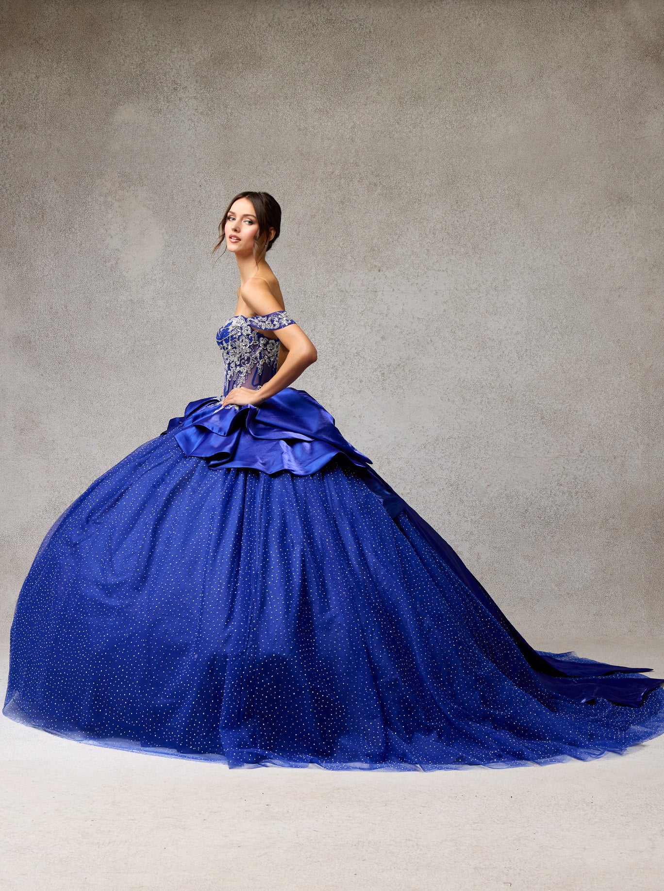 Vestido de Fiesta de Tul con Brillos, Aplicaciones en Corpiño de Lentejuelas y Cristales y Moño Desmontable, Color Royal