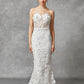 Vestido de Novia sin Tirantes, Recto en Encaje Mangas y Cauda de Velo Desmontable, Color Off White