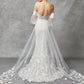 Vestido de Novia sin Tirantes, Recto en Encaje Mangas y Cauda de Velo Desmontable, Color Off White