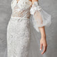 Vestido de Novia sin Tirantes, Recto en Encaje Mangas y Cauda de Velo Desmontable, Color Off White