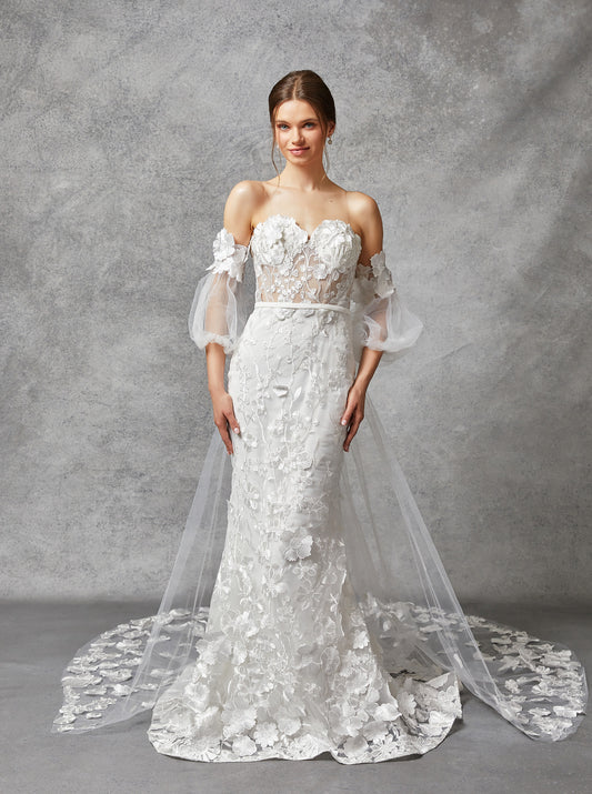 Vestido de Novia de Tul Bordado, Escote de Corazón, Manga Desmontable con Hombros Descubiertos, Color Offf White