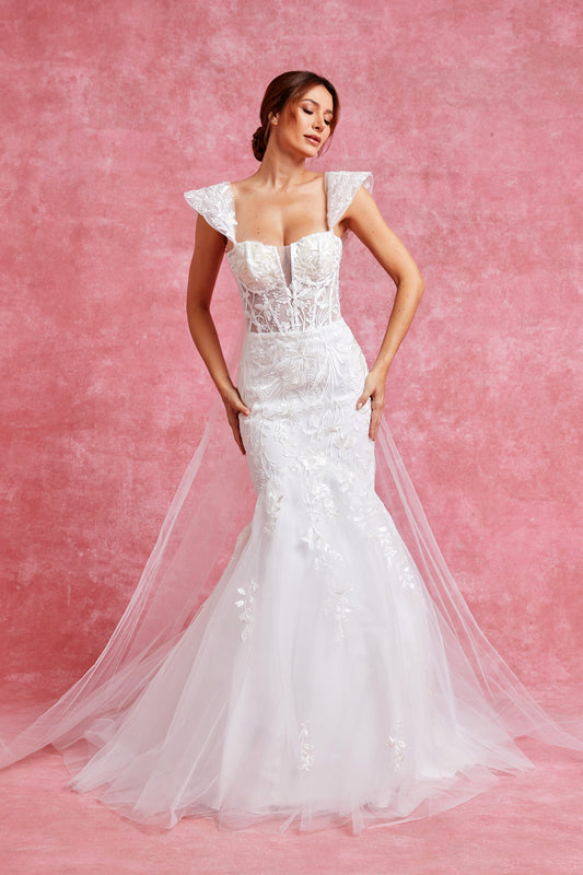 Vestido de Novia Corte Sirena, Con Mangas, de Tul Bordado con Lentejuela con Capa de Velo, Color Off White