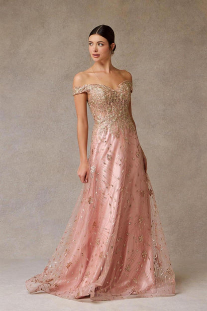 Vestido en Linea A Bordado con Encaje y Lentejuela al Hombro (Varios Colores)