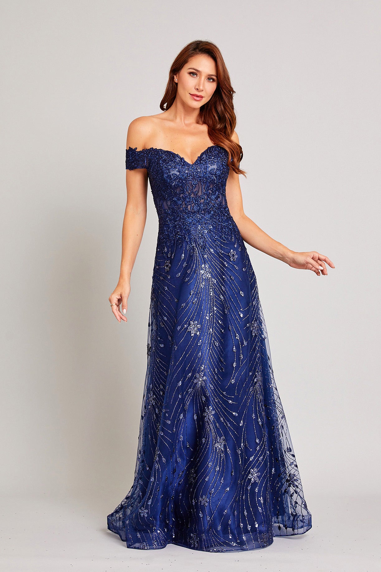 Vestido en Linea A Bordado con Encaje y Lentejuela al Hombro (Varios Colores)