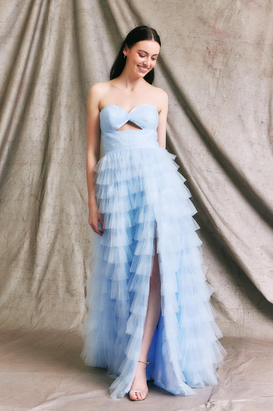 Vestido Línea A, Sin Tirantes,Escote en Corazón y con Abertura.(Dos Colores)