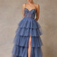 Vestido en Línea A de Tul a Capas Con Abertura en la Pierna Color Dark Ice Blue