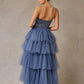 Vestido en Línea A de Tul a Capas Con Abertura en la Pierna Color Dark Ice Blue
