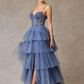 Vestido en Línea A de Tul a Capas Con Abertura en la Pierna Color Dark Ice Blue