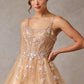 Vestido de Fiesta Corte en A de Tul y Encaje Bordado, Color Gold