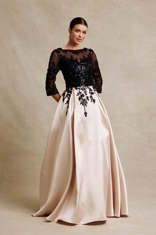 Vestido Corte en A Mangas 3/4 con Tul Bordado en Parte Superior Bicolor Black-Champagne