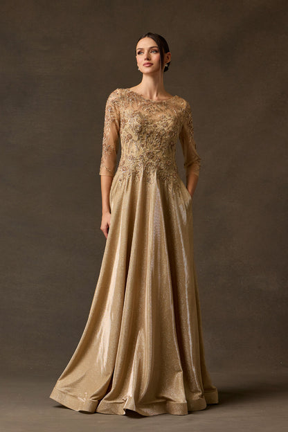 Vestido En Corte A, Con Mangas 3/4, Cuello Redondo, Bolsillos Laterales, Color Gold