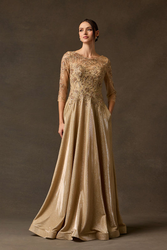 Vestido En Corte A, Con Mangas 3/4, Cuello Redondo, Bolsillos Laterales, Color Gold